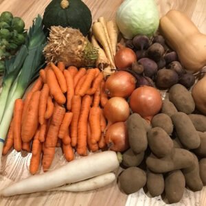 Fall CSA Vegetable Box from Small Family Farm including organic carrots, leeks, potatoes, butternut squash and more.