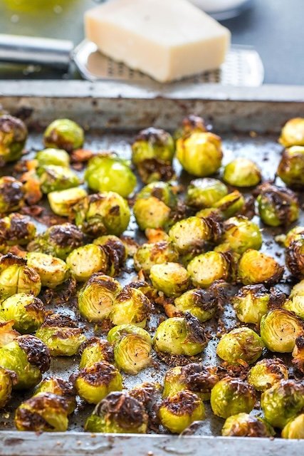 Brussels Sprouts on a roasting pan. 